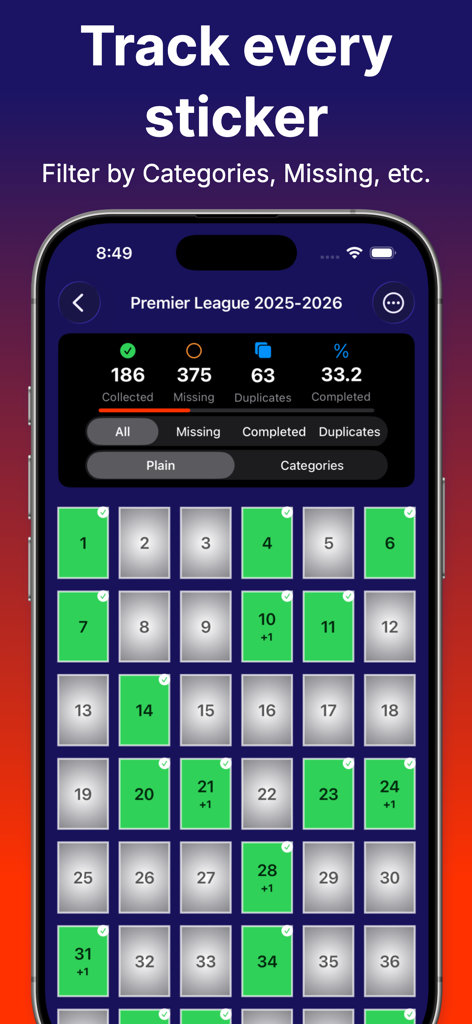 Sticker Collector 26 - Interfaz de la aplicación Sticker Collector 26 que muestra estadísticas de colección y una cuadrícula numerada para rastrear cromos
