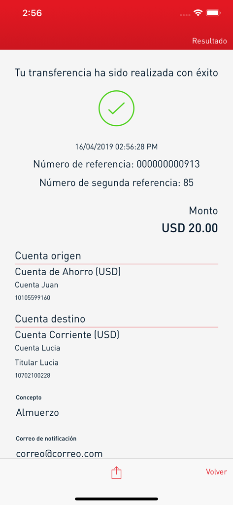 Screenshot of the Multibank App showing a successful bank transfer confirmation screen in Spanish.
