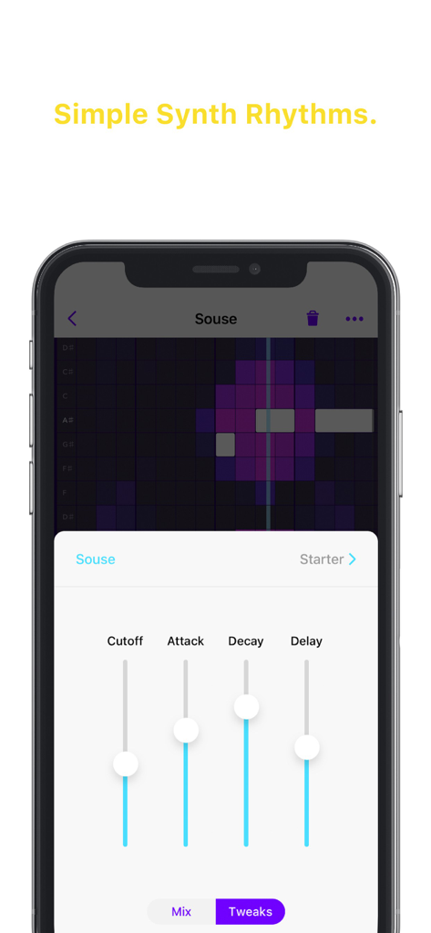 Beatwaveアプリのインターフェース。カットオフ、アタック、ディケイ、ディレイのサウンド調整スライダーが表示されている