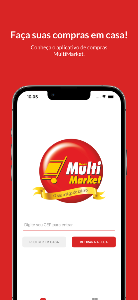 MultiMarket - Home screen of the MultiMarket app showing delivery and store pickup options in Portuguese