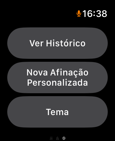 TunerWatch - TunerWatch settings screen on Apple Watch with options for history, custom tunings, and themes.