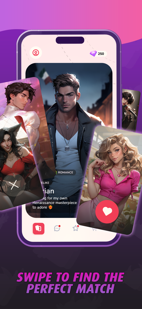 Love Eden: Chapters of Romance - Mobile phone showing the swipe to find the perfect match interface in the Love Eden interactive story app