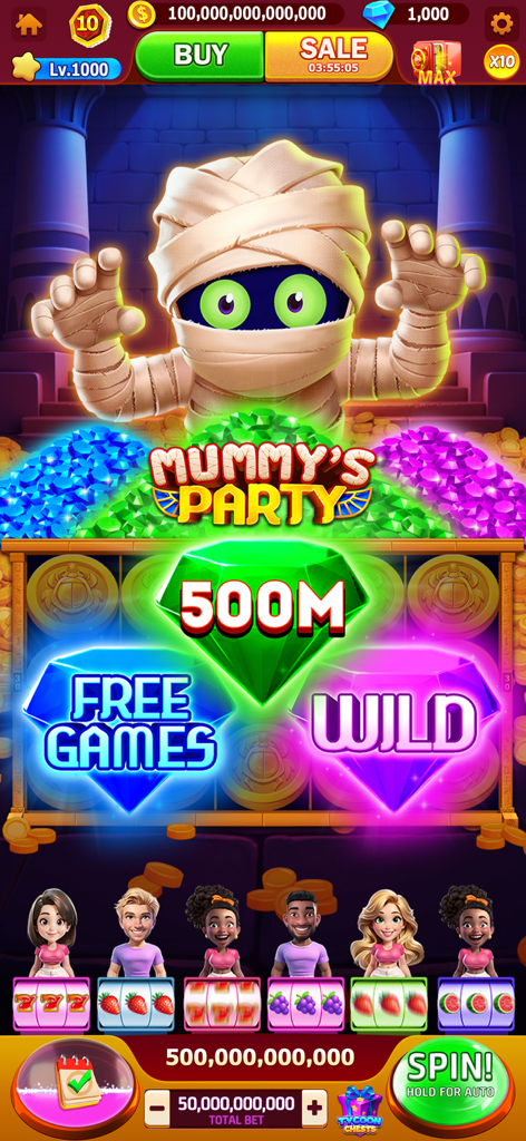 Screenshot di gioco di Jackpot Tycoon con la slot machine Mummys Party, con una mummia cartone animato e grandi gemme bonus