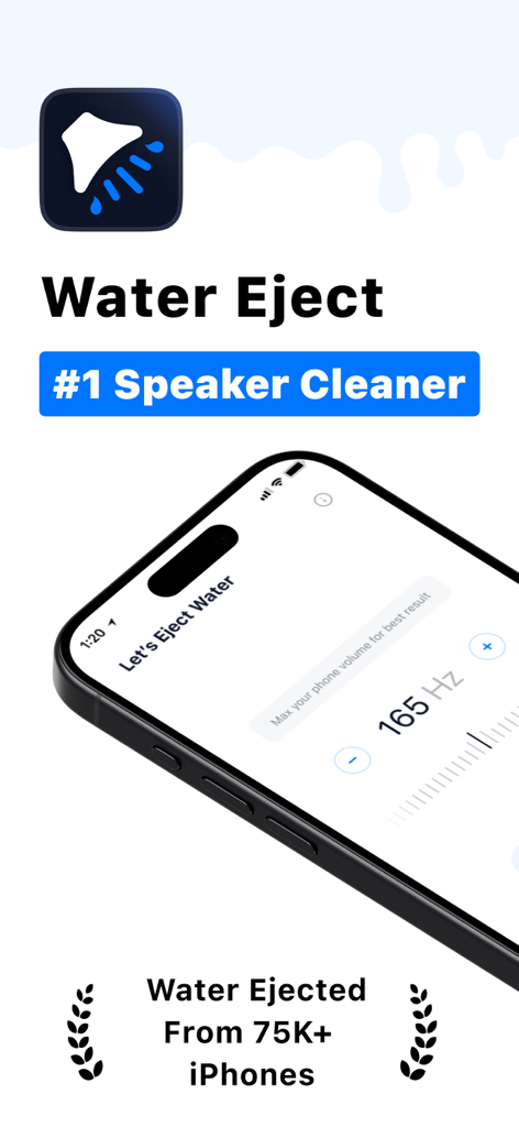 Water Eject app screenshot showing the speaker cleaning interface with frequency controls and a high success rate badge