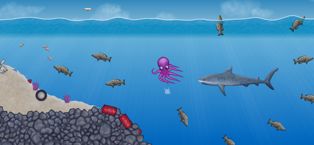 Un polpo viola nuota vicino a uno squalo e piccoli pesci in un livello sottomarino di Tasty Planet Forever