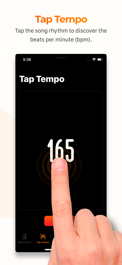 Metronome Cifra Club - Uma mão usando o recurso tap tempo no aplicativo Metrônomo Cifra Club para determinar batidas por minuto.