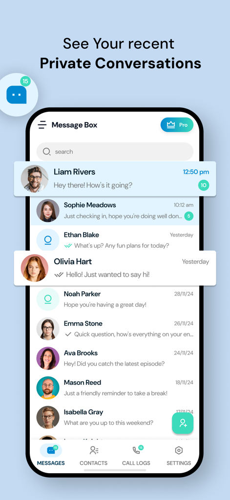 Interface of the Private Message Box app showing a list of recent private conversations and messages.