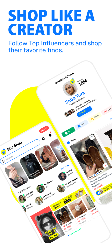 Interface of the Buypass AI app showing the Star Shop feature for following influencers and shopping for recommended products like traditional footwear.