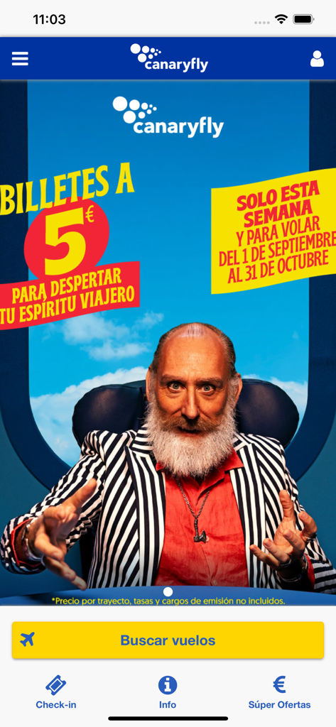 Canaryfly - Pantalla de inicio de la app Canaryfly mostrando una promoción de vuelo de 5 euros y el botón de búsqueda de vuelos