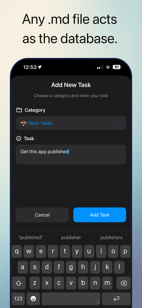 Tasks.mdアプリの新規タスク追加インターフェース。iPhone上のカテゴリ選択とタスク入力を表示。