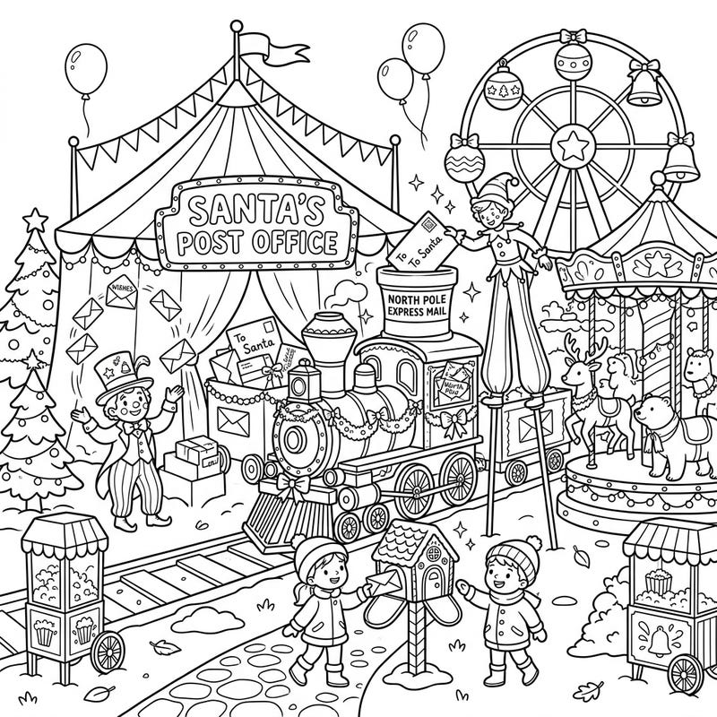 Experience the magic of Christmas and the excitement of a carnival in one enchanting coloring page! Watch as Santa's mail is collected amidst festive fairground attractions, ready for your creative touch.