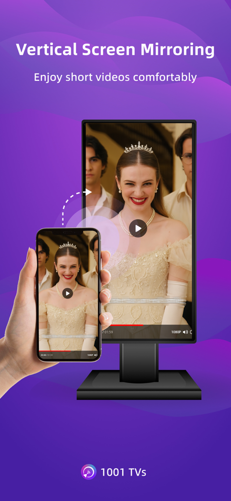 Smartphone mirroring a vertical video to a desktop monitor with 1001 TVs app