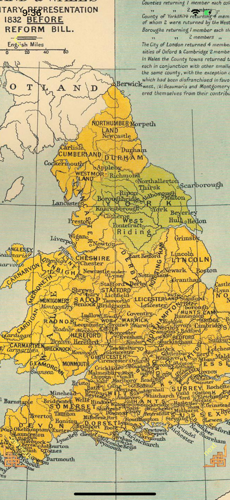 Eine Vintage-Karte, die die parlamentarische Vertretung in England und Wales vor der Reform Bill von 1832 zeigt