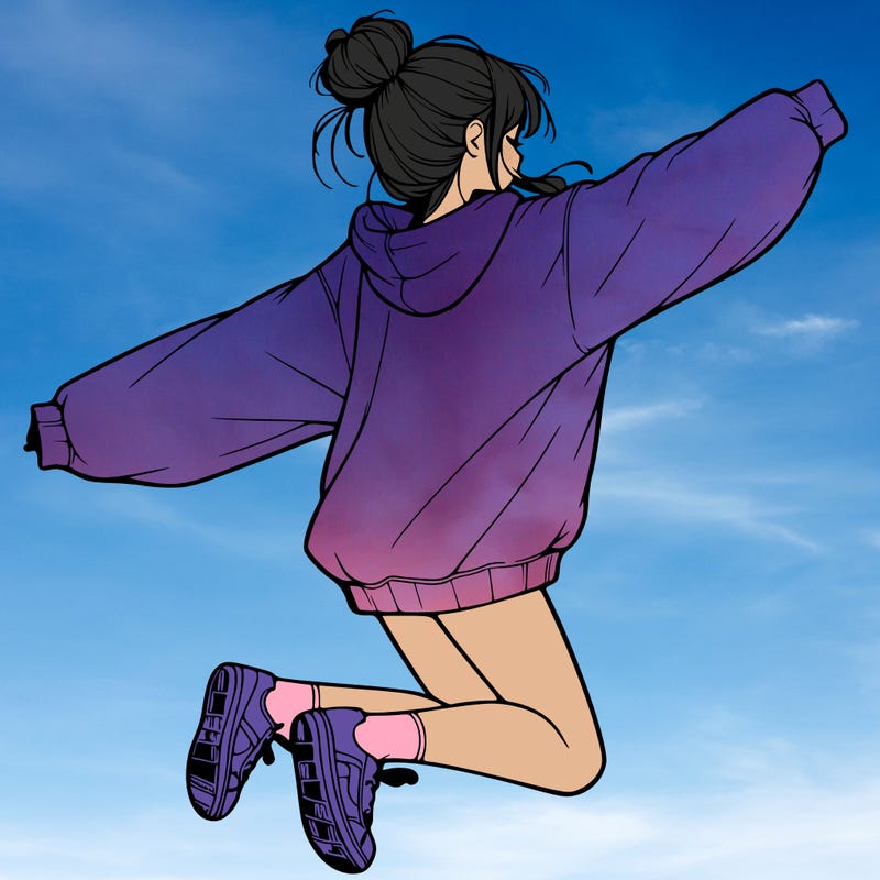realistic girl jumping with a bun and oversized sweatshirt