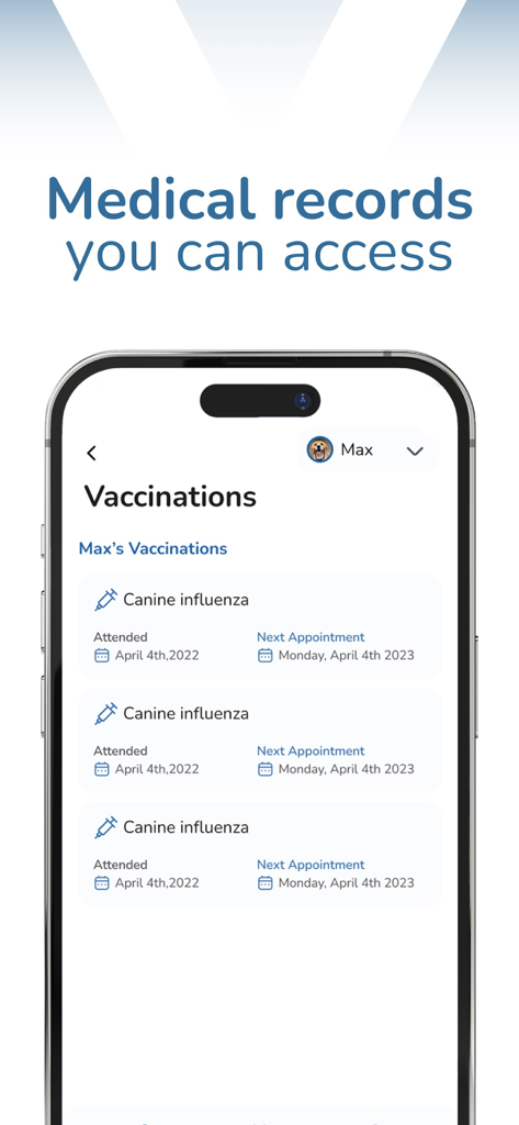 modernvet - Modernvet mobile app screen showing digital vaccination records and upcoming appointment dates for a pet.