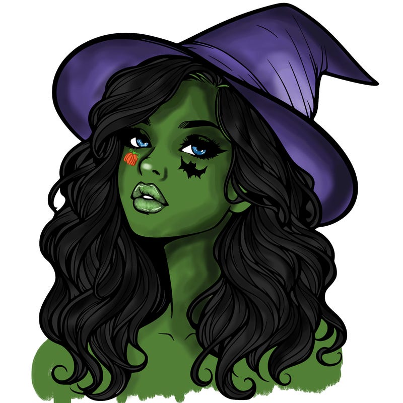 realistic witch girl with wavy hair and lips