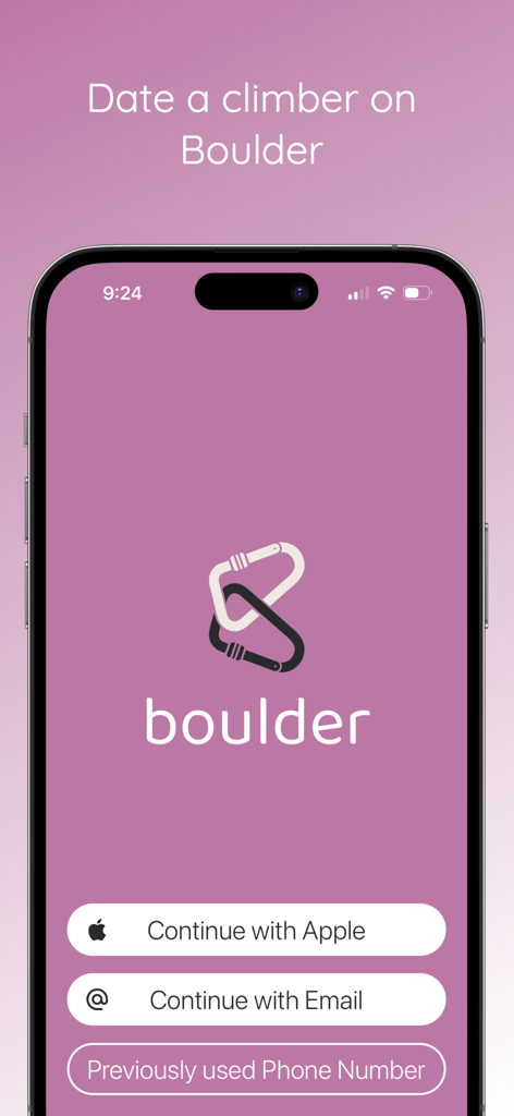 Boulder: Date a Climber - Login screen for Boulder dating app featuring climbing carabiner logo and sign in options