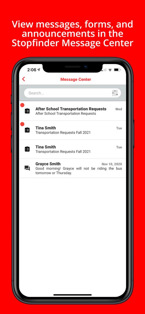 Stopfinder - Screenshot of the Stopfinder app Message Center showing transportation requests and school communications