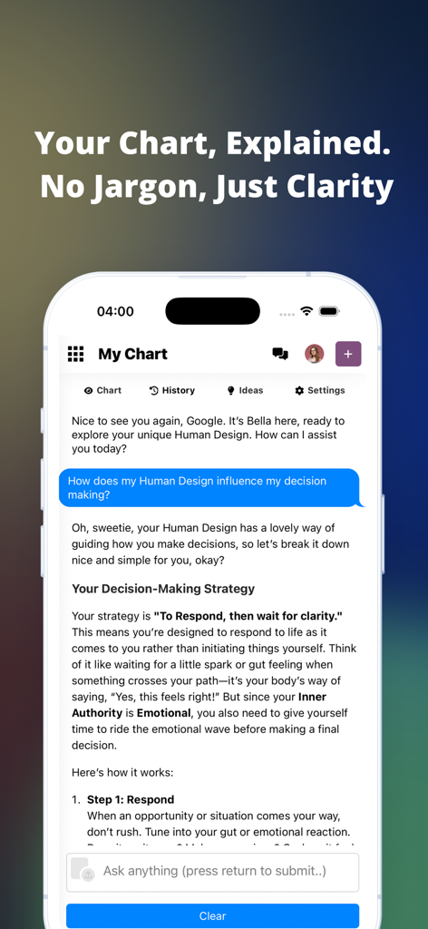 HumanDesign.ai - AI chat interface of the HumanDesign.ai app providing a simplified explanation of a user's personal chart.