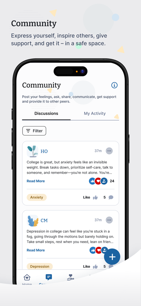 A screenshot of the TimelyCare app Community page showing a discussion board where students share experiences and support each other with topics like anxiety and depression.