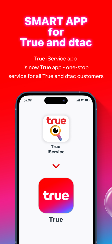 Screenshot of the True app showing the transition from True iService to a one-stop service for True and dtac customers.