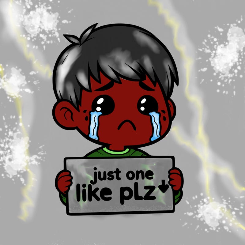 realistic crying boy with a sign saying just one like plz
