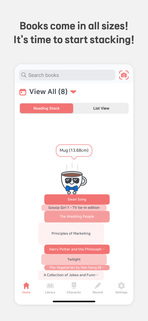 Book Towers - Reading Tracker - A visual stack of books in the Book Towers app showing reading progress in centimeters with a cute mug character on top.