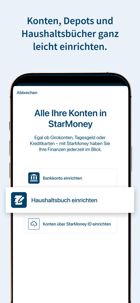 Einrichtungsmenü in der StarMoney-App mit Optionen für Bankkonten und Finanzverfolgung