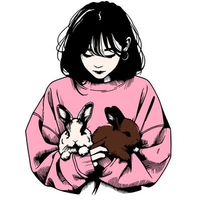 realistic girl with messy bunny baggy sweatshirt and holding bunnies