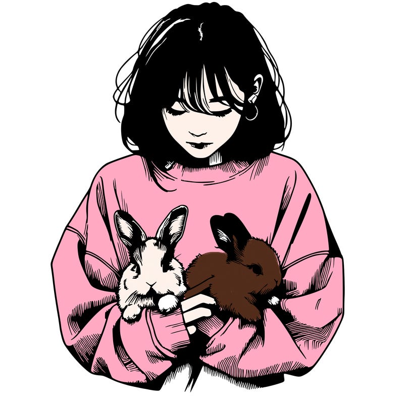 realistic girl with messy bunny baggy sweatshirt and holding bunnies