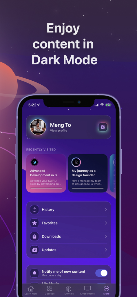 Design+Code - 다크 모드에서 강좌 기록과 함께 Design+Code 앱 프로필을 표시하는 스마트폰 화면