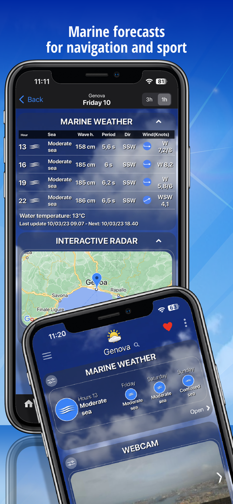 Schermata di previsioni meteo marine che mostra dati su vento e onde per la navigazione e gli sport