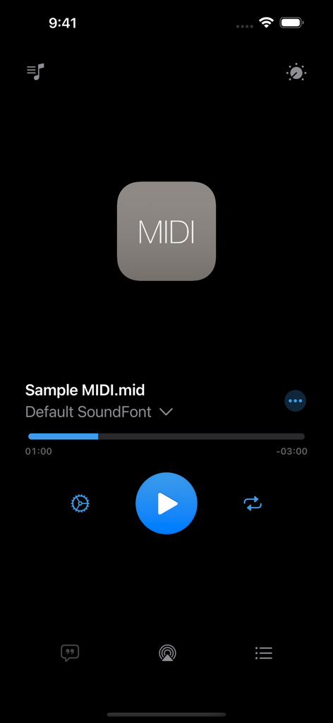 NS MIDI Player - Main playback interface of the NS MIDI Player app on iPhone showing a sample MIDI file