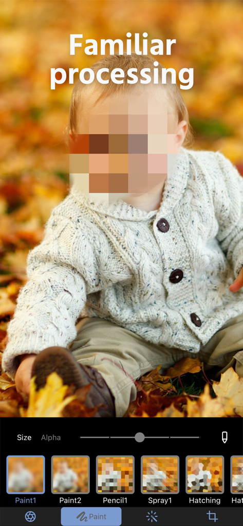 Blur Background Photo Effect - Pixeliger Mosaik-Unschärfeeffekt auf dem Gesicht eines Kindes zum Schutz der Privatsphäre im Bildbearbeitungsprogramm