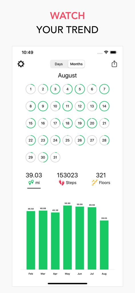 Step Counter Pedometer doSteps - Monthly activity dashboard in the doSteps app featuring a calendar with daily progress circles and a bar chart showing step trends over several months