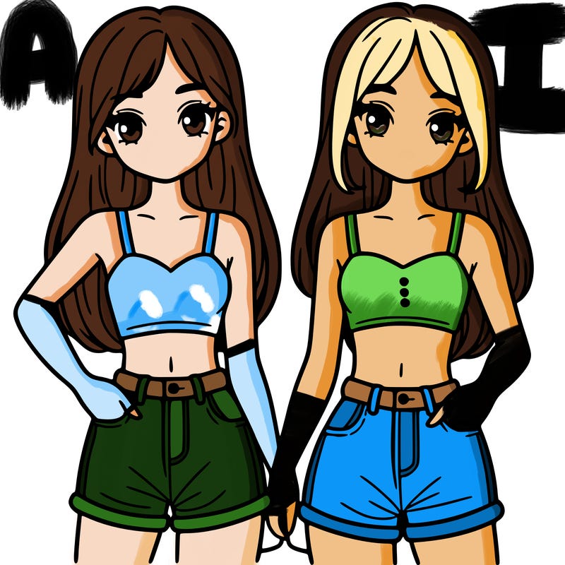 two sisters with crop tops and jean shorts and straight hair