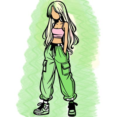 girl in baggy pants crop top and long hair
