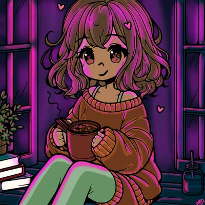 cute anime girl reading book and drinking hot chocolate from mug with loose wavy hair wearing a baggy sweatshirt and shorts sitting by windowsill looking out