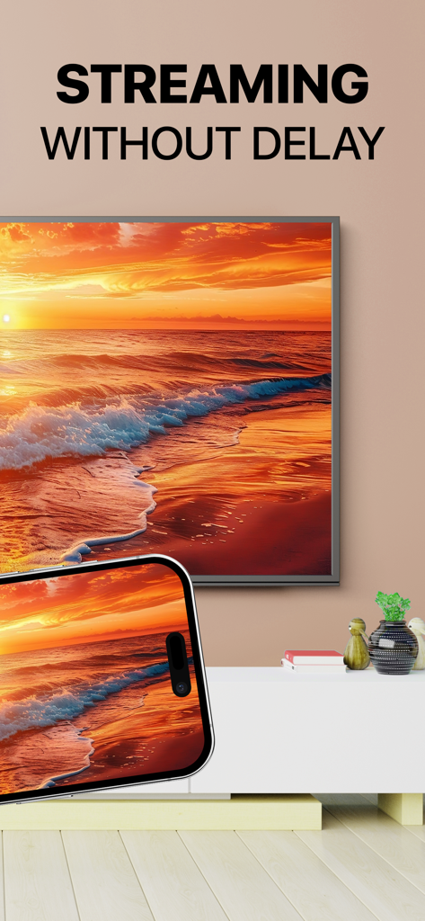 Screen Mirroring App: Smart TV - 지연 없이 스마트 TV로 석양 동영상을 미러링하는 iPhone 화면
