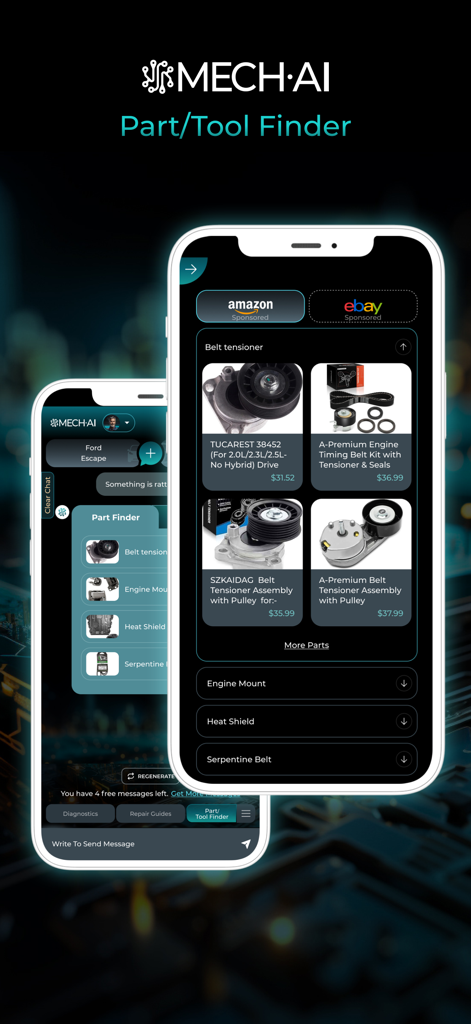 MECH.AI: Diagnostic & Repair - MECH.AI app screen for finding car parts and tools