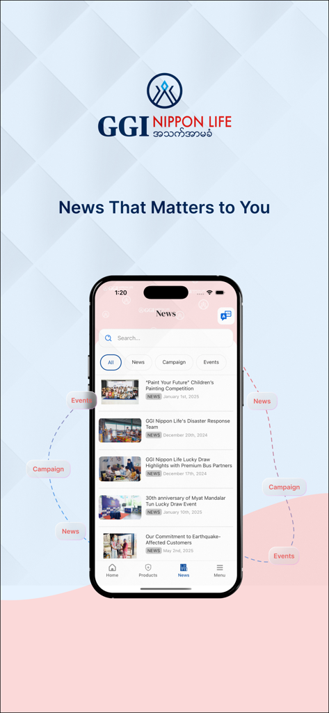 GGI Nippon Life - Una interfaz de aplicación móvil de GGI Nippon Life que muestra un feed de noticias con actualizaciones de la empresa, campañas y eventos para los titulares de pólizas de seguro.