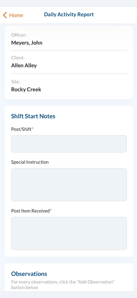OfficerApps daily activity report screen for security guard management.