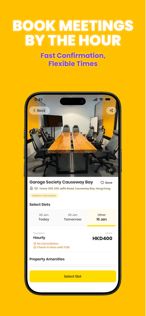 Flow Hotel & Workspace by Hour - Interfaccia mobile dell'app Flow per la prenotazione di sale riunioni professionali e spazi di lavoro ad ore