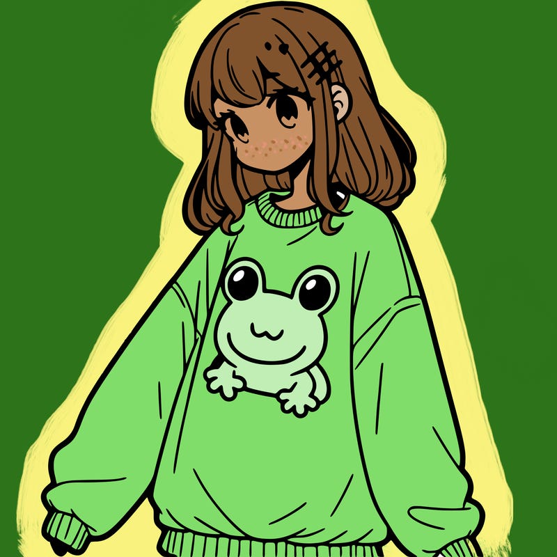 girl wearing frogging sweatshirt