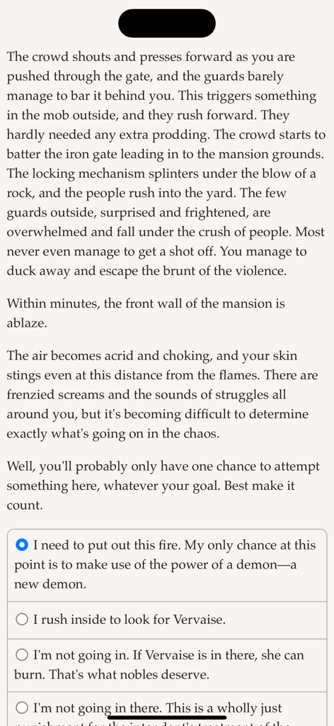 Revolution Diabolique - Uma captura de tela do romance interativo baseado em texto Revolution Diabolique mostrando uma cena narrativa com múltiplas opções de escolha.