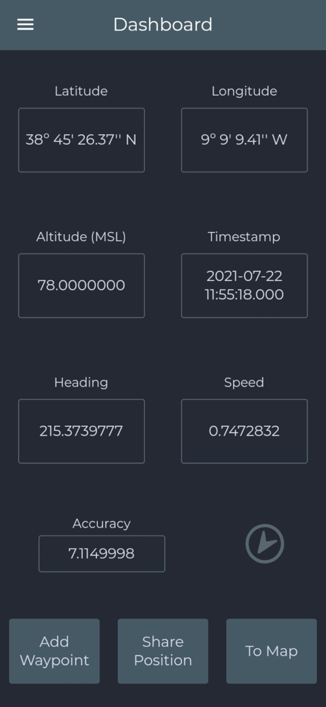 GPS Waypoints Lite - Panel de control de GPS Waypoints Lite que muestra datos de coordenadas en tiempo real y opciones de topografía