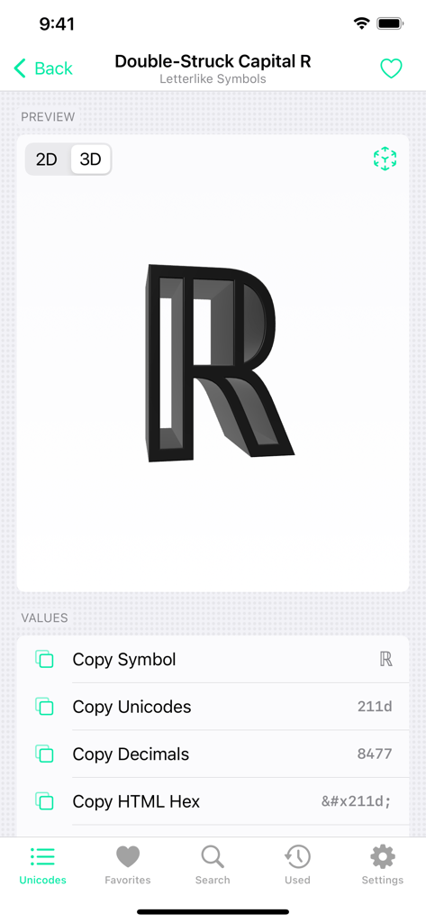 O aplicativo Codepoint mostrando uma pré-visualização 3D de um glifo de letra R maiúscula dupla com valores técnicos copiáveis como Unicode e Hex HTML.