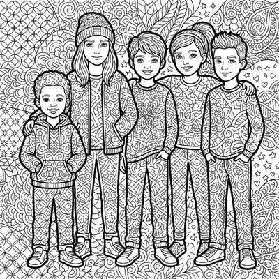 Discover a beautifully intricate Zentangle coloring page featuring a group of happy children and youth. Each character and the background are adorned with mesmerizing, complex patterns, promising hours of mindful creativity.