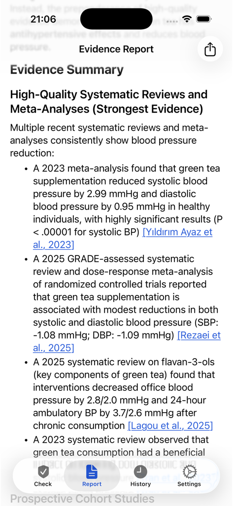 MedicalFactChecker - A medical evidence summary screen in the app showing systematic reviews and meta-analyses about green tea and blood pressure with clickable citations.