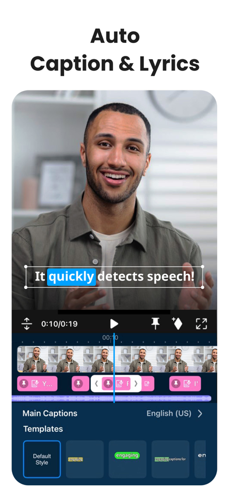 Interface of PowerDirector app showing the AI auto caption and lyrics feature on a video timeline